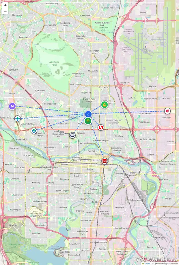 Daily accessibility map for 613 28 AV NW, Calgary showing nearby schools, grocery stores, parks, LRT stations and nearby amenities