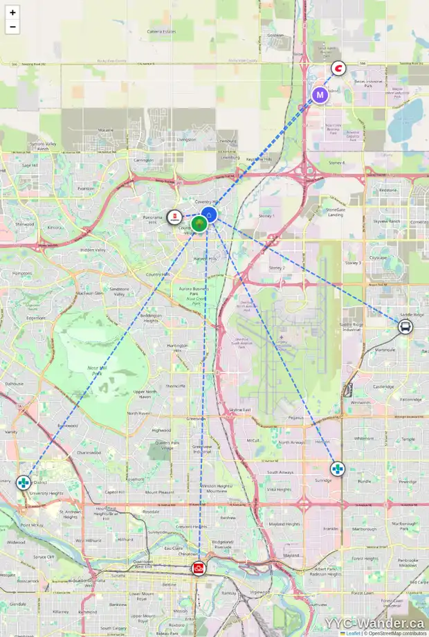 Daily accessibility map for 104 COVENTRY RD NE, Calgary showing nearby schools, grocery stores, parks, LRT stations and nearby amenities