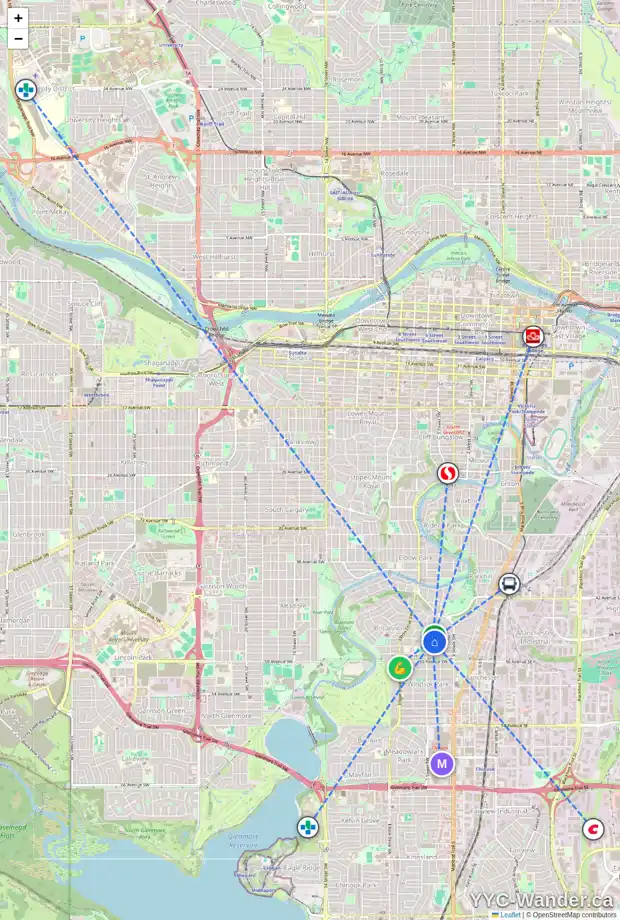 Daily accessibility map for 525 47 AV SW, Calgary showing nearby schools, grocery stores, parks, LRT stations and nearby amenities
