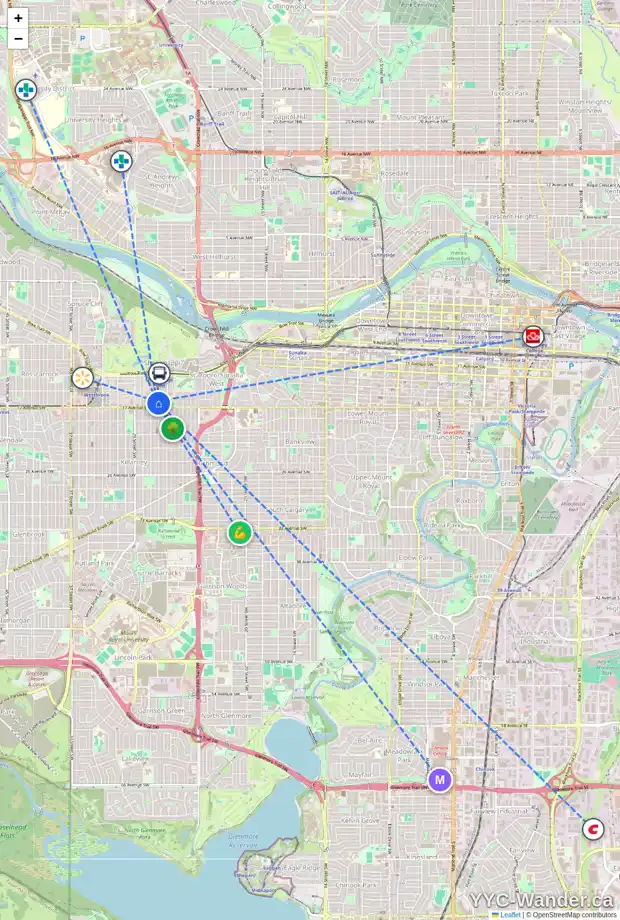Daily accessibility map for 2733 16 AV SW, Calgary showing nearby schools, grocery stores, parks, LRT stations and nearby amenities