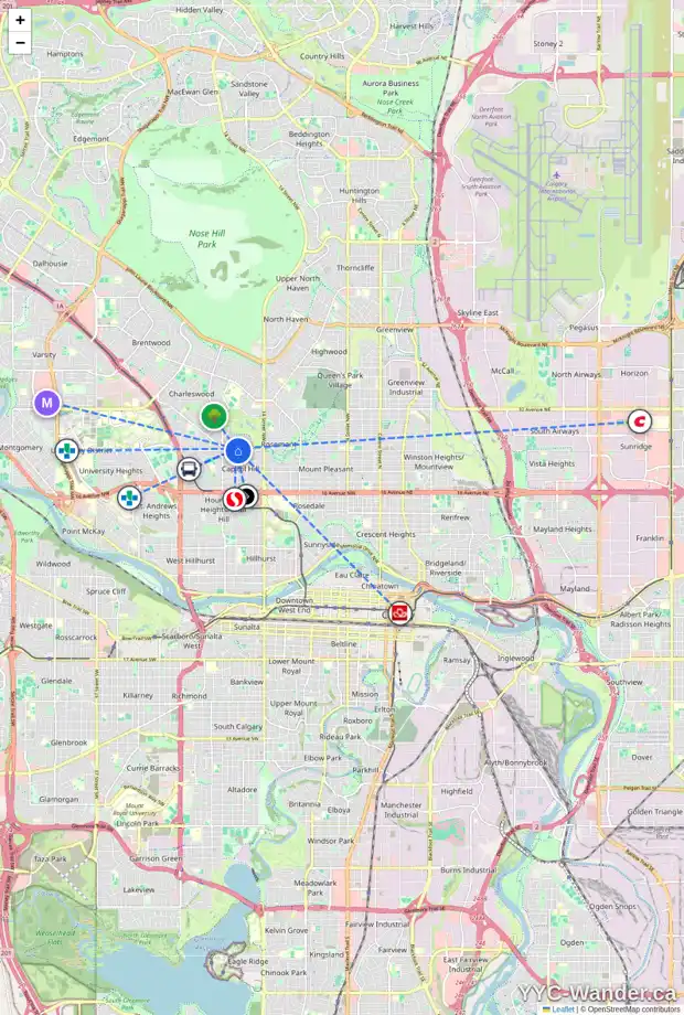 Daily accessibility map for 2507 17 ST NW, Calgary showing nearby schools, grocery stores, parks, LRT stations and nearby amenities
