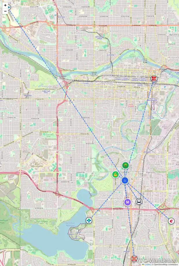 Daily accessibility map for 531 53 AV SW, Calgary showing nearby schools, grocery stores, parks, LRT stations and nearby amenities