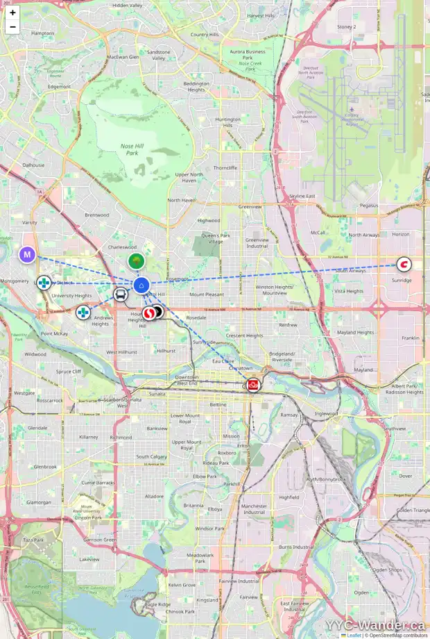 Daily accessibility map for 2009 24 AV NW, Calgary showing nearby schools, grocery stores, parks, LRT stations and nearby amenities
