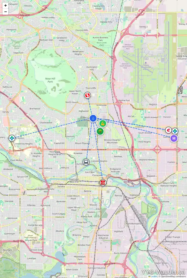 Daily accessibility map for 314 38 AV NW, Calgary showing nearby schools, grocery stores, parks, LRT stations and nearby amenities
