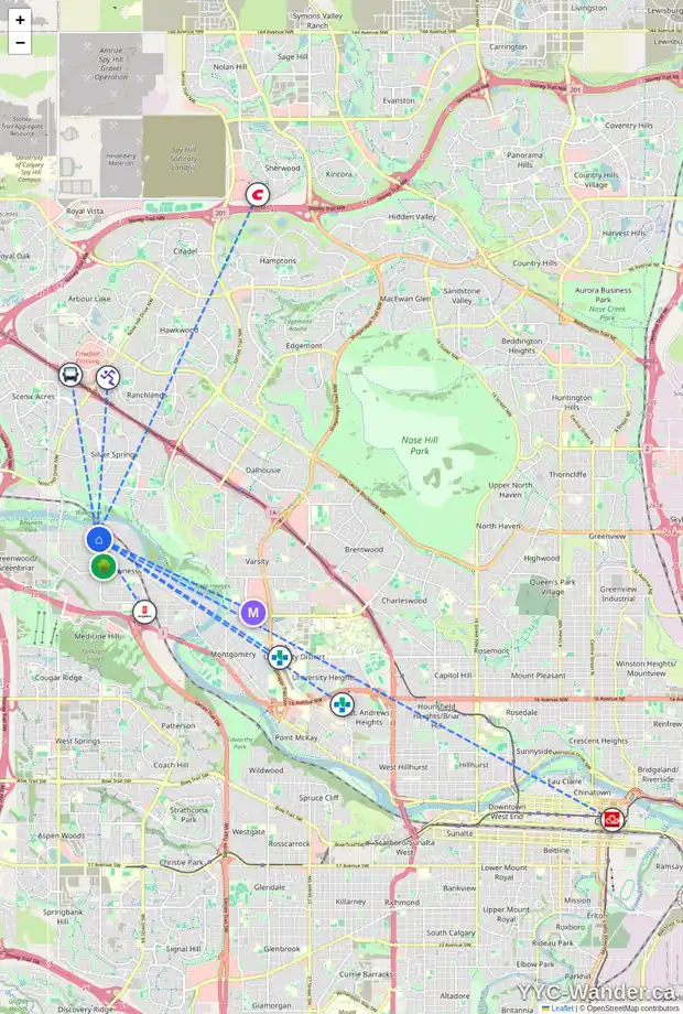 Daily accessibility map for 7914 47 AV NW, Calgary showing nearby schools, grocery stores, parks, LRT stations and nearby amenities