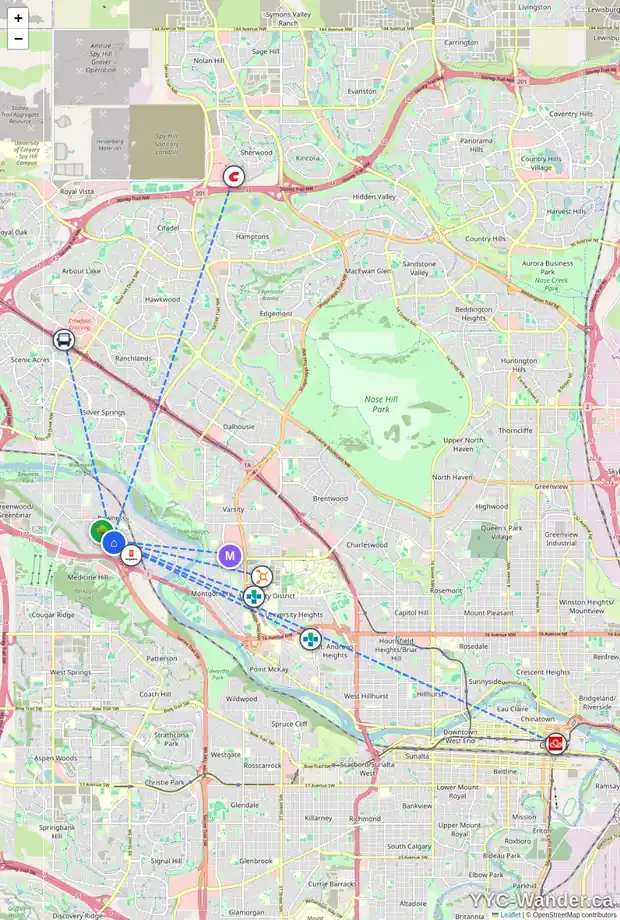 Daily accessibility map for 7340 35 AV NW, Calgary showing nearby schools, grocery stores, parks, LRT stations and nearby amenities