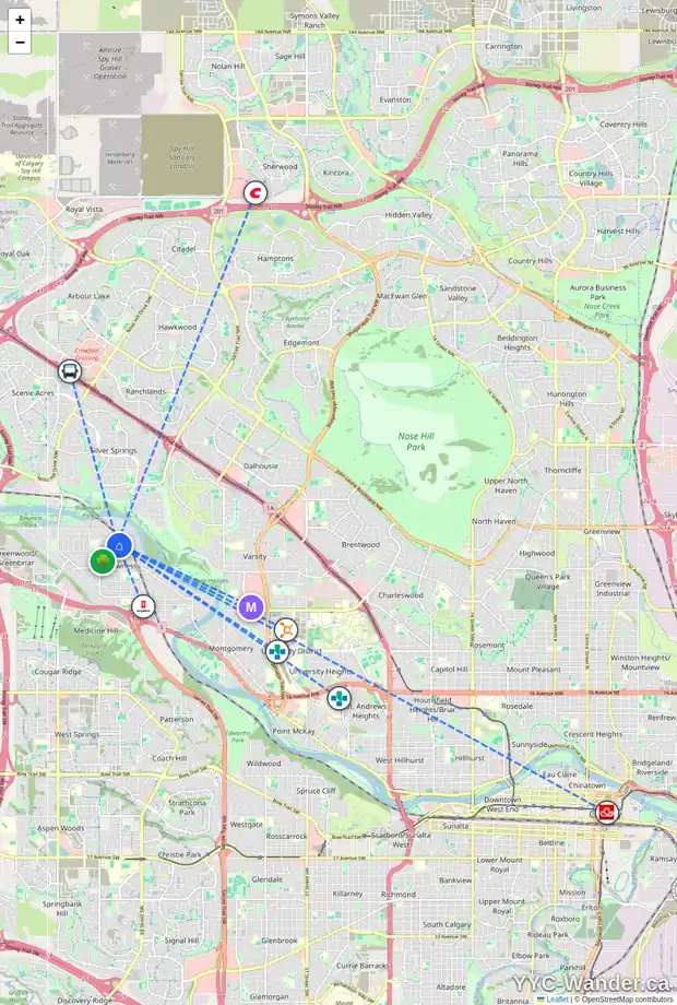 Daily accessibility map for 4612 70 ST NW, Calgary showing nearby schools, grocery stores, parks, LRT stations and nearby amenities