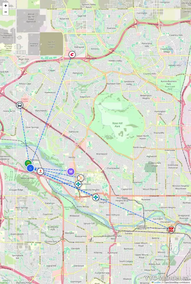 Daily accessibility map for 7617 35 AV NW, Calgary showing nearby schools, grocery stores, parks, LRT stations and nearby amenities