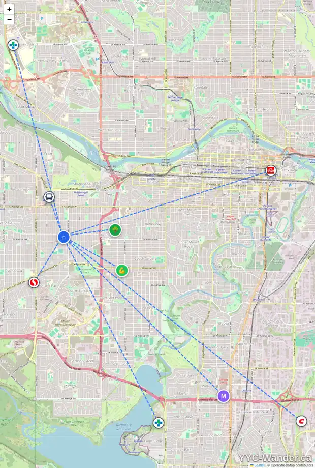 Daily accessibility map for 2611 30 ST SW, Calgary showing nearby schools, grocery stores, parks, LRT stations and nearby amenities