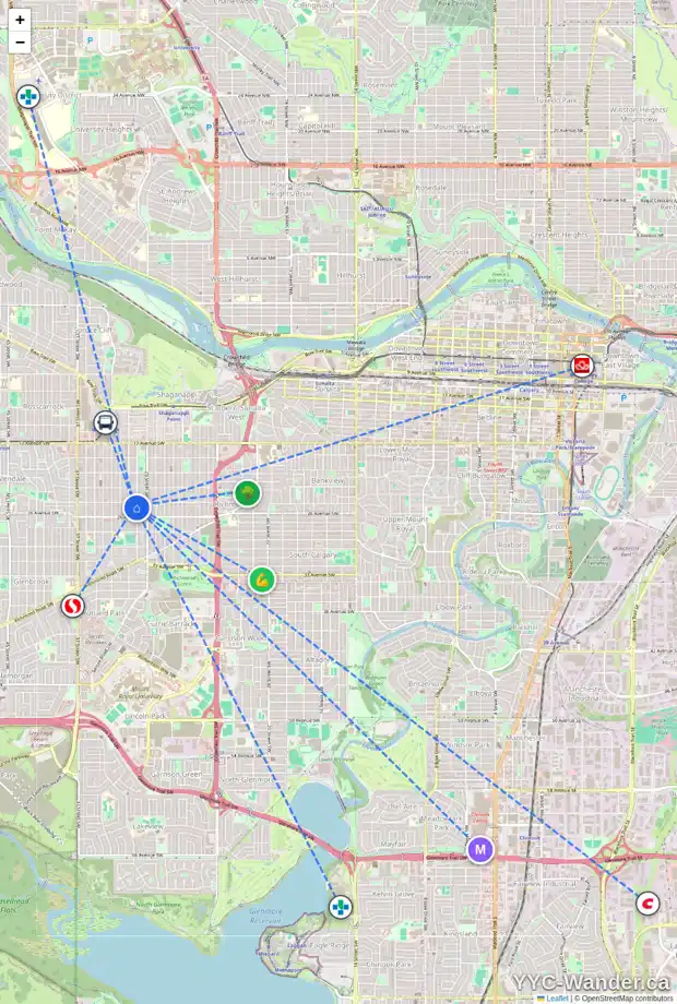 Daily accessibility map for 2609 30 ST SW, Calgary showing nearby schools, grocery stores, parks, LRT stations and nearby amenities