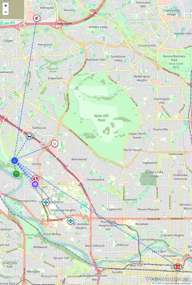 Daily accessibility map for 16 VARSITY PL NW, Calgary showing nearby schools, grocery stores, parks, LRT stations and nearby amenities