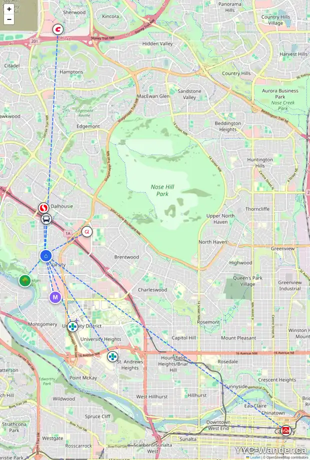 Daily accessibility map for 5224 VARSITY DR NW, Calgary showing nearby schools, grocery stores, parks, LRT stations and nearby amenities