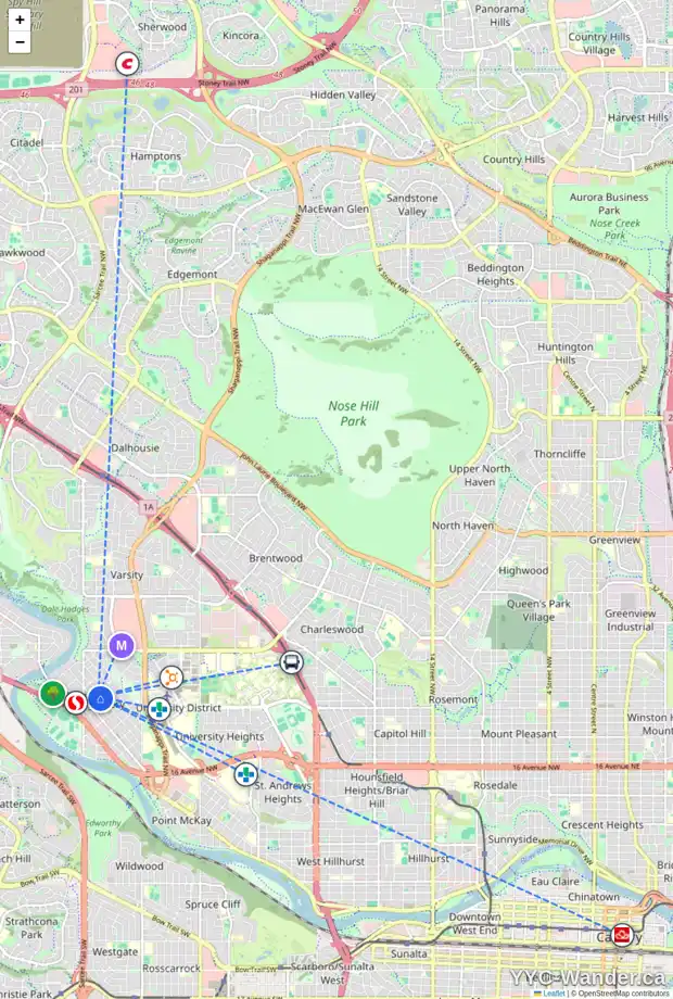 Daily accessibility map for 4833 20 AV NW, Calgary showing nearby schools, grocery stores, parks, LRT stations and nearby amenities