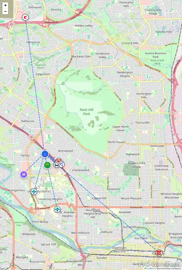 Daily accessibility map for 4423 37 ST NW, Calgary showing nearby schools, grocery stores, parks, LRT stations and nearby amenities