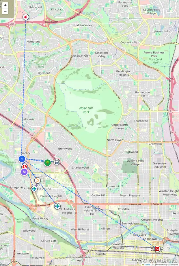 Daily accessibility map for 5008 40 AV NW, Calgary showing nearby schools, grocery stores, parks, LRT stations and nearby amenities