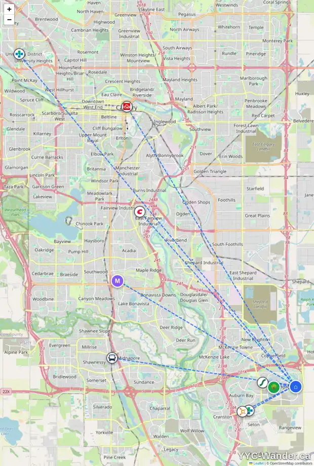 Daily accessibility map for 63 MASTERS SQ SE, Calgary showing nearby schools, grocery stores, parks, LRT stations and nearby amenities