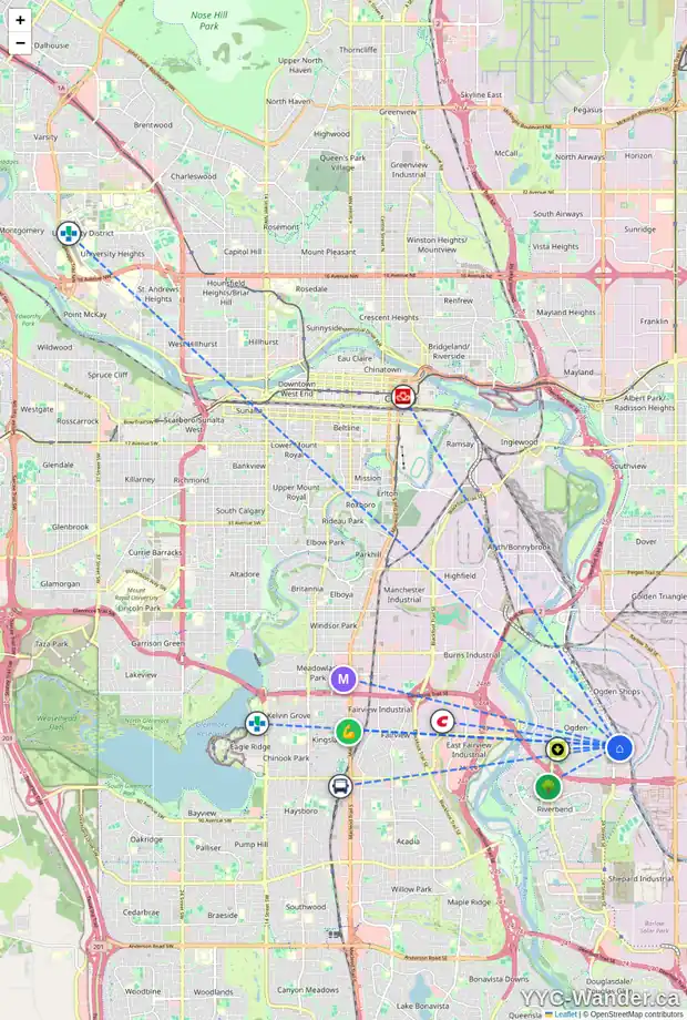 Daily accessibility map for 7447 26A ST SE, Calgary showing nearby schools, grocery stores, parks, LRT stations and nearby amenities