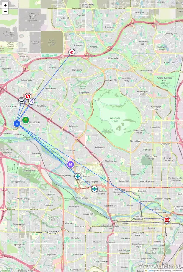 Daily accessibility map for 412 SCIMITAR BA NW, Calgary showing nearby schools, grocery stores, parks, LRT stations and nearby amenities