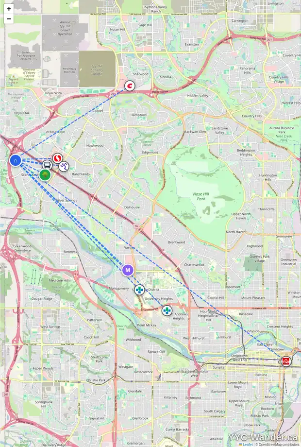 Daily accessibility map for 711 SCHUBERT PL NW, Calgary showing nearby schools, grocery stores, parks, LRT stations and nearby amenities