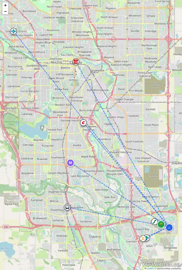 Daily accessibility map for 63 MASTERS RD SE, Calgary showing nearby schools, grocery stores, parks, LRT stations and nearby amenities