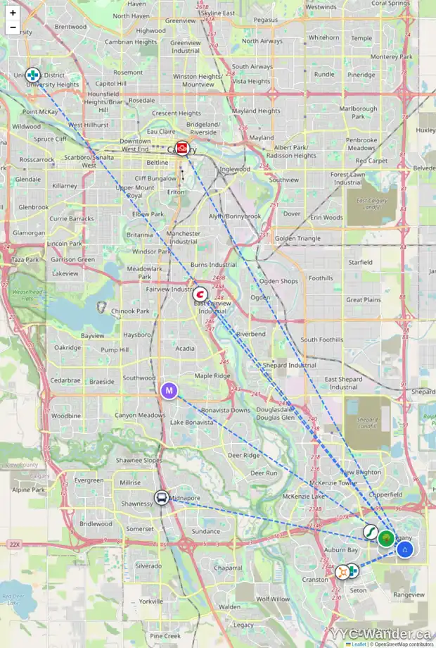 Daily accessibility map for 52 MAGNOLIA HT SE, Calgary showing nearby schools, grocery stores, parks, LRT stations and nearby amenities