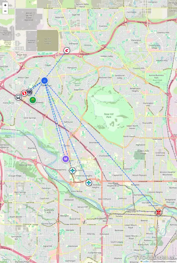Daily accessibility map for 409 HAWKSTONE DR NW, Calgary showing nearby schools, grocery stores, parks, LRT stations and nearby amenities