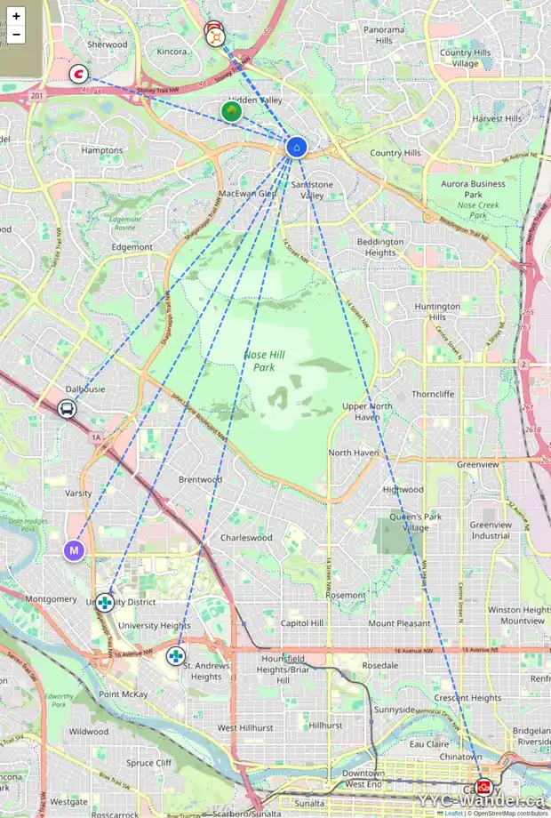 Daily accessibility map for 303 HIDDEN VALE PL NW, Calgary showing nearby schools, grocery stores, parks, LRT stations and nearby amenities
