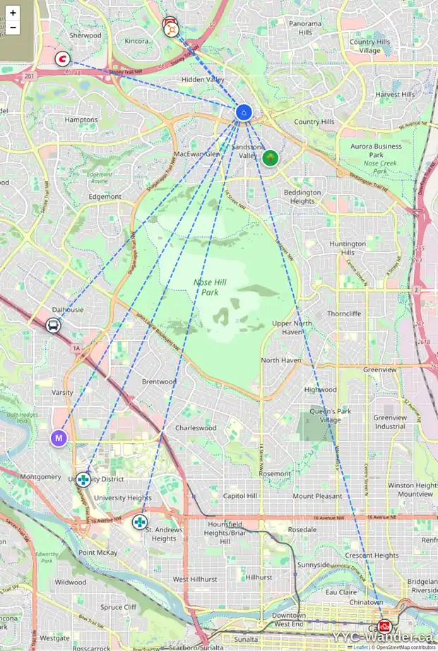 Daily accessibility map for 68 HIDDEN VALE CR NW, Calgary showing nearby schools, grocery stores, parks, LRT stations and nearby amenities