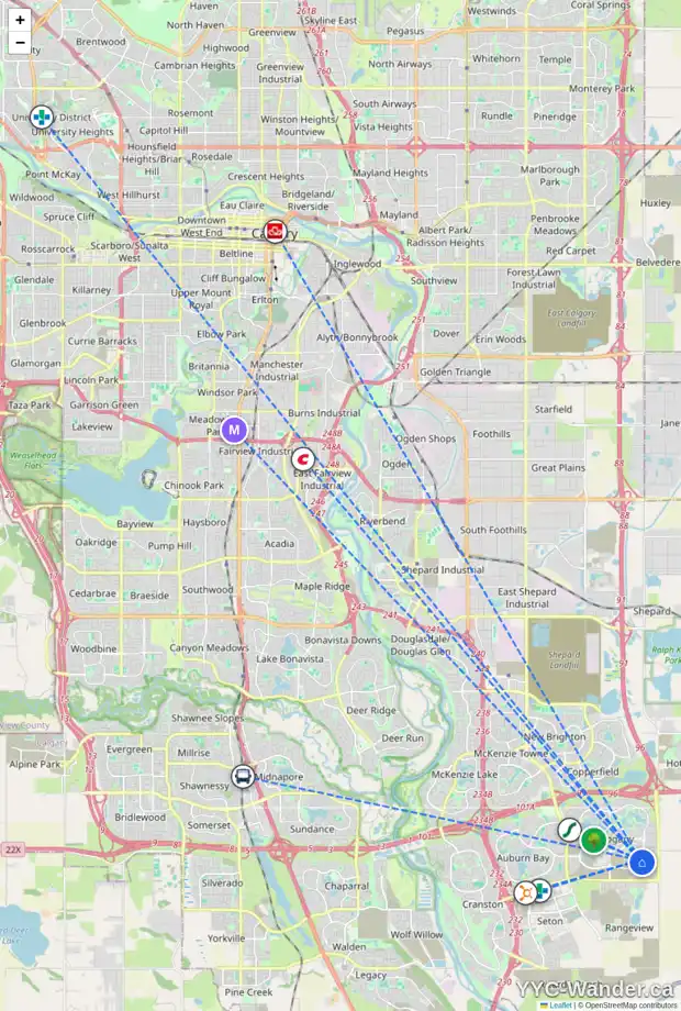 Daily accessibility map for 114 MAGNOLIA TC SE, Calgary showing nearby schools, grocery stores, parks, LRT stations and nearby amenities