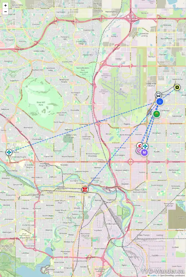 Daily accessibility map for 39 MARTINRIDGE GV NE, Calgary showing nearby schools, grocery stores, parks, LRT stations and nearby amenities