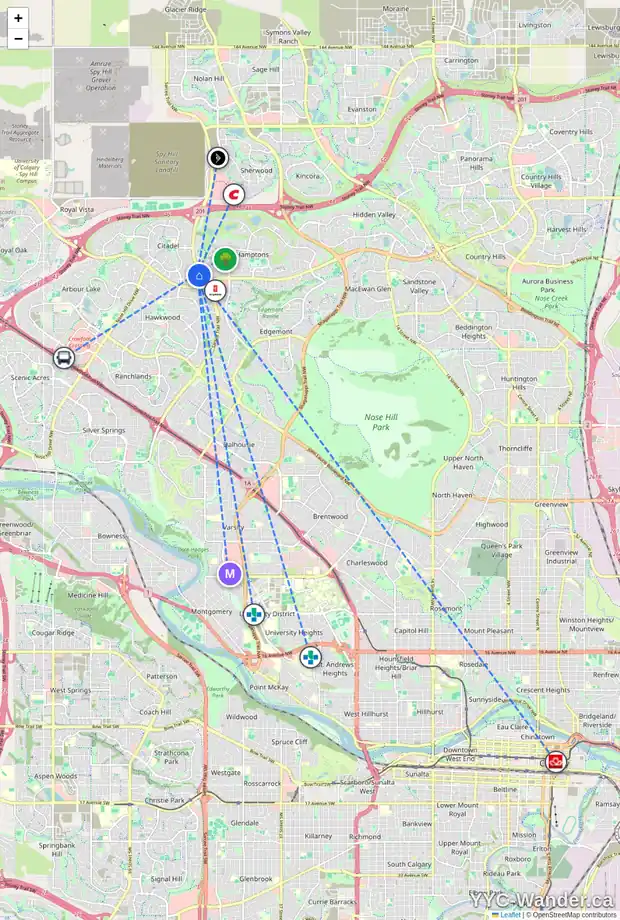 Daily accessibility map for 145 CITADEL GD NW, Calgary showing nearby schools, grocery stores, parks, LRT stations and nearby amenities
