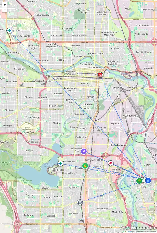 Daily accessibility map for 113 RIVERCREST CI SE, Calgary showing nearby schools, grocery stores, parks, LRT stations and nearby amenities
