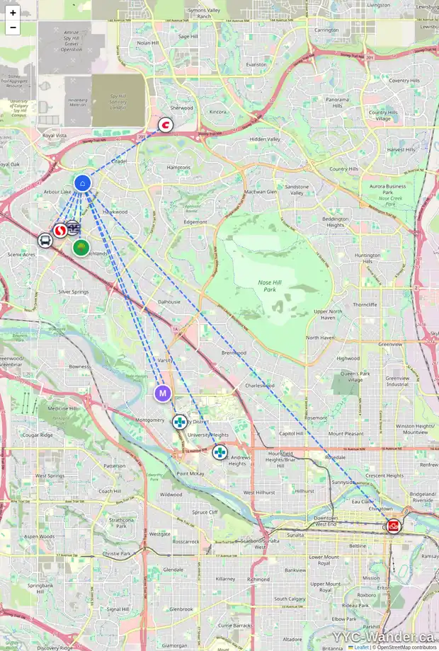 Daily accessibility map for 100 ARBOUR GLEN CL NW, Calgary showing nearby schools, grocery stores, parks, LRT stations and nearby amenities
