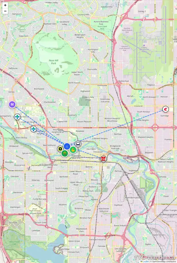 Daily accessibility map for 301 15 ST NW, Calgary showing nearby schools, grocery stores, parks, LRT stations and nearby amenities