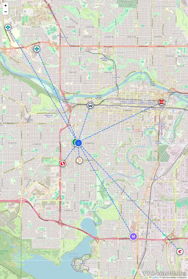 Daily accessibility map for 2006 26 AV SW, Calgary showing nearby schools, grocery stores, parks, LRT stations and nearby amenities