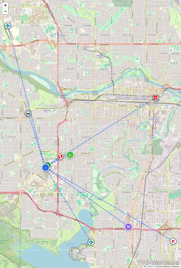 Daily accessibility map for 57 TRASIMENO CR SW, Calgary showing nearby schools, grocery stores, parks, LRT stations and nearby amenities