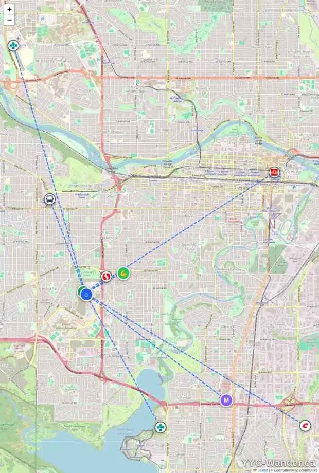 Daily accessibility map for 105 TRASIMENO CR SW, Calgary showing nearby schools, grocery stores, parks, LRT stations and nearby amenities