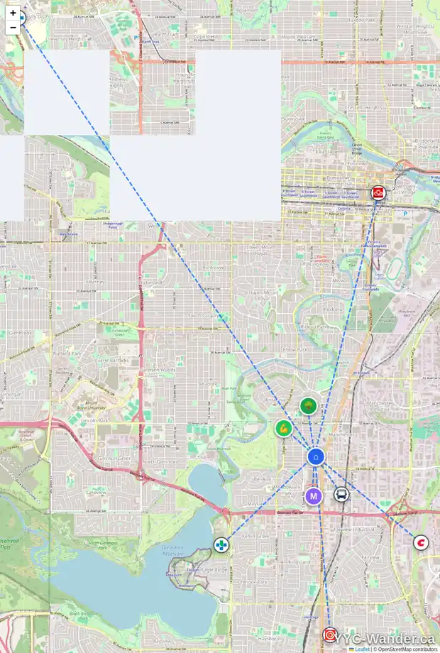 Daily accessibility map for 434 56 AV SW, Calgary showing nearby schools, grocery stores, parks, LRT stations and nearby amenities