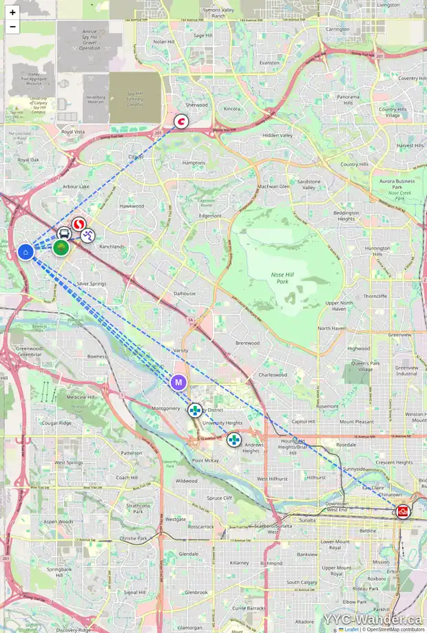 Daily accessibility map for 47 SCEPTRE CL NW, Calgary showing nearby schools, grocery stores, parks, LRT stations and nearby amenities