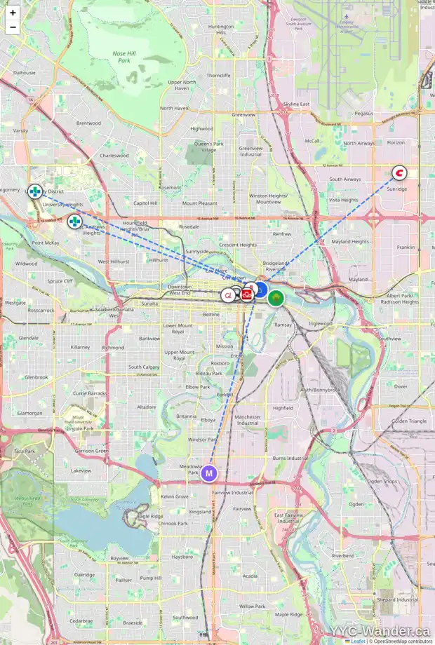 Daily accessibility map for 1203 510 6 AV SE, Calgary showing nearby schools, grocery stores, parks, LRT stations and nearby amenities