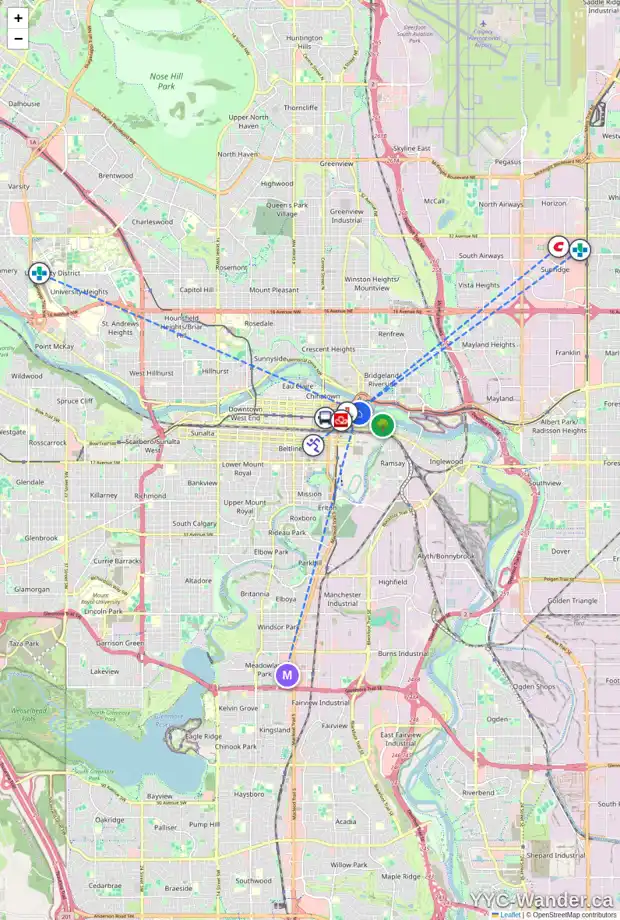 Daily accessibility map for 1606 510 6 AV SE, Calgary showing nearby schools, grocery stores, parks, LRT stations and nearby amenities