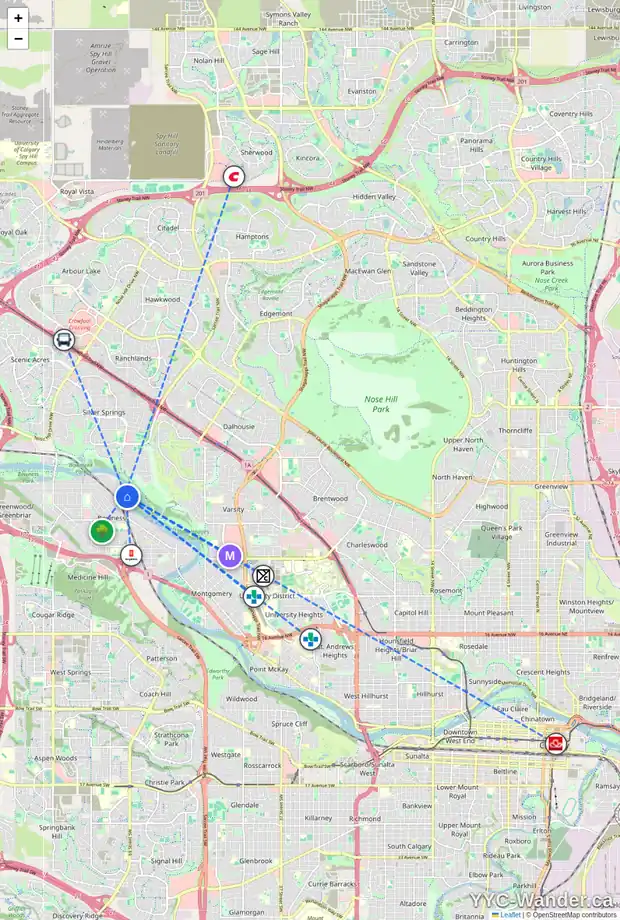 Daily accessibility map for 7008 BOW CR NW, Calgary showing nearby schools, grocery stores, parks, LRT stations and nearby amenities