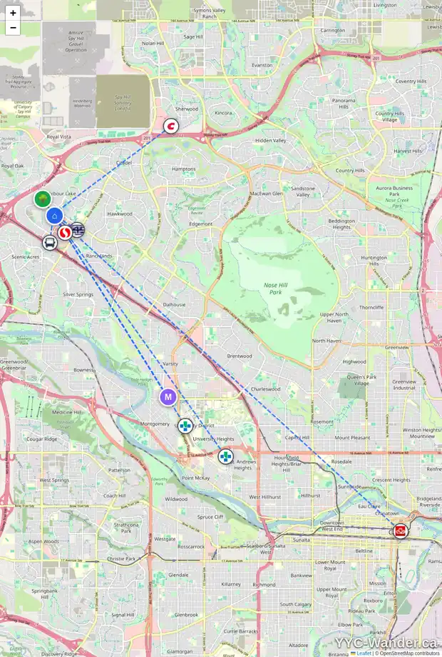 Daily accessibility map for 408 ARBOUR WOOD CL NW, Calgary showing nearby schools, grocery stores, parks, LRT stations and nearby amenities