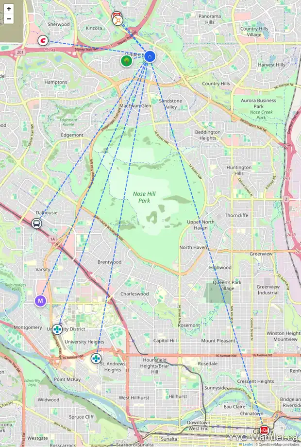 Daily accessibility map for 24 HIDDEN SPRING CL NW, Calgary showing nearby schools, grocery stores, parks, LRT stations and nearby amenities