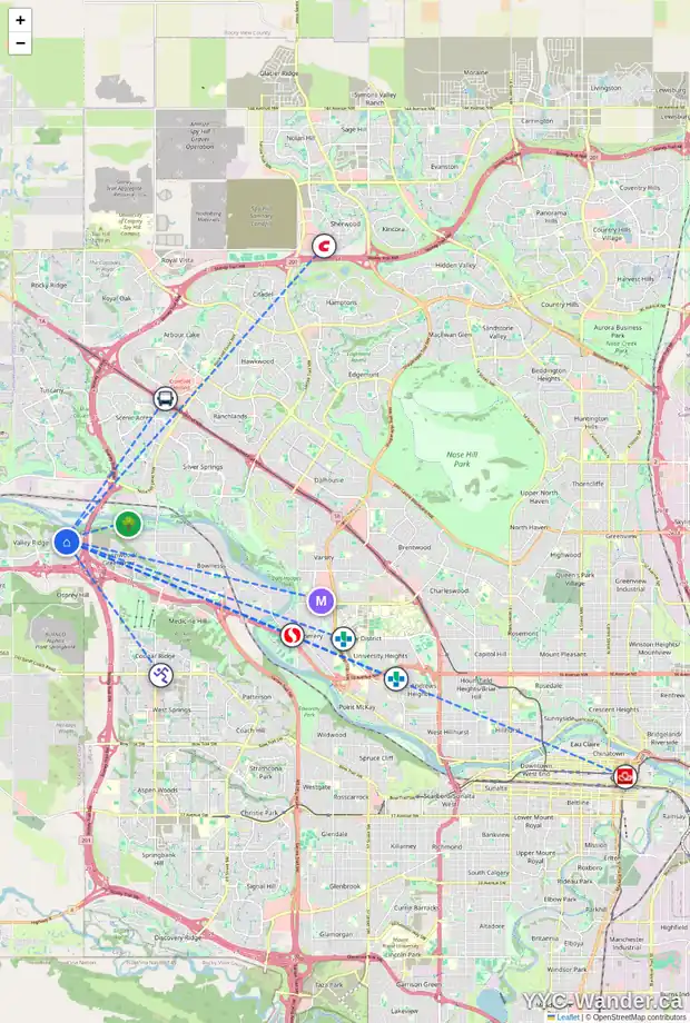 Daily accessibility map for 175 VALLEY GLEN BA NW, Calgary showing nearby schools, grocery stores, parks, LRT stations and nearby amenities
