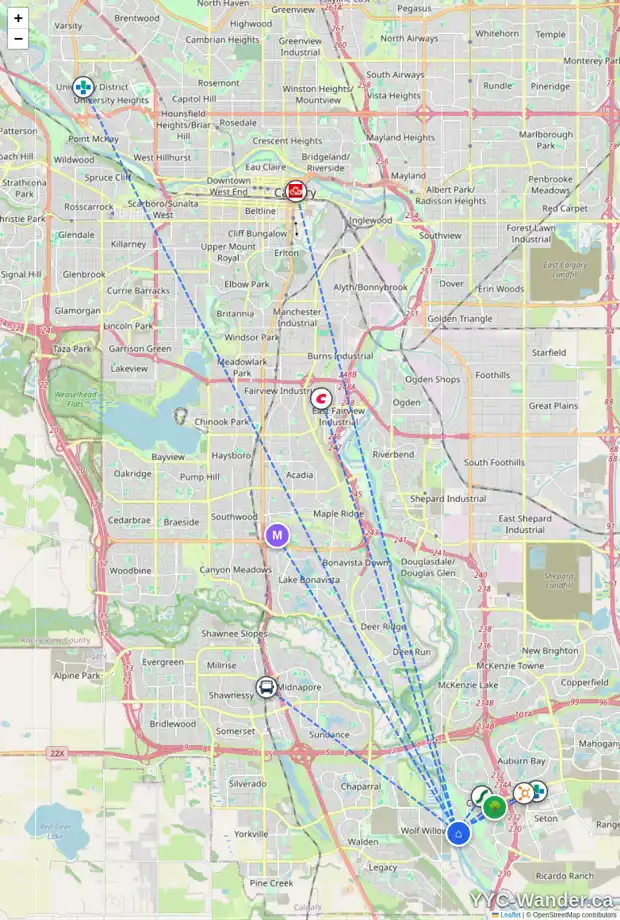 Daily accessibility map for 258 CRANBROOK VW SE, Calgary showing nearby schools, grocery stores, parks, LRT stations and nearby amenities