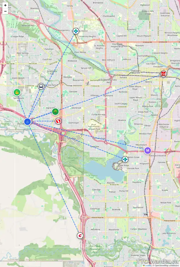 Daily accessibility map for 46 DISCOVERY RIDGE RD SW, Calgary showing nearby schools, grocery stores, parks, LRT stations and nearby amenities