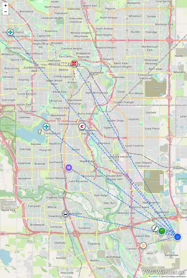 Daily accessibility map for 64 MAGNOLIA WY SE, Calgary showing nearby schools, grocery stores, parks, LRT stations and nearby amenities