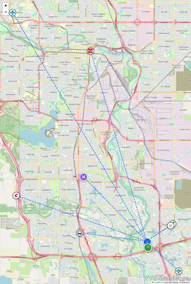 Daily accessibility map for 198 MT ASSINIBOINE CI SE, Calgary showing nearby schools, grocery stores, parks, LRT stations and nearby amenities