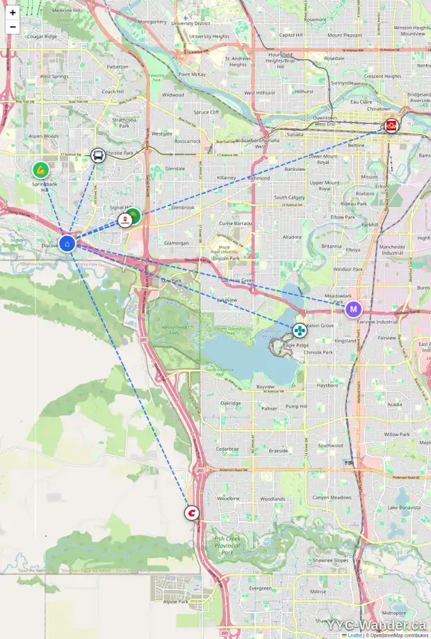 Daily accessibility map for 22 DISCOVERY RIDGE RD SW, Calgary showing nearby schools, grocery stores, parks, LRT stations and nearby amenities